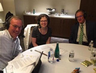 Rick Schart (right) joins Jessica Hibbard (center) and Bill Thorne (left) to record a podcast episode.